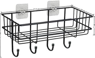 BIRDWING 1 Pic Self Adhesive with Towel Hook Bathroom Shelf for Wall/Shelf Organizer/Kitchen Shelf with Magic Stickers - Pack of 1 (Black, Powder Coated)