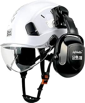 Safety Helmet with Visor Ear Muffs Work at Hight Carbon Fiber Abs Hard Hats for Industrial Construction Head Protection ANSI Z89.1 Approved (White+Clear Visor+B07Ear Muffs)