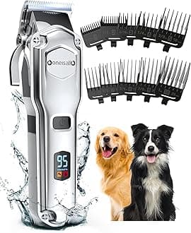oneisall Dog Clippers for Grooming for Thick Heavy Coats/Low Noise Rechargeable Cordless Pet Shaver with Stainless Steel Blade/Waterproof Dog Shaver for Dogs Pets and Animals (Silver)
