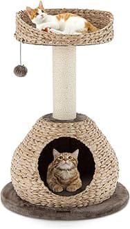 PETSITE Modern Cat Tree Tower, Paper Rope Natural Bowl Shaped with Perch, Scratching Post, Rattan Cat Activity Tree for Kittens, 28" Tall