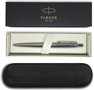 Parker Jotter Stainless Steel Gold Trim Ball Pen - FREE ENGRAVING + LEATHER PEN SLIP