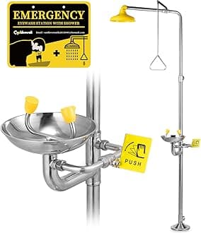 CGOLDENWALL Emergency Shower Eye Wash Station Combination Eye Wash Station with Shower Safty Shower, NPT Thread, with Emergency Sign, 304 Stainless Steel Bowl