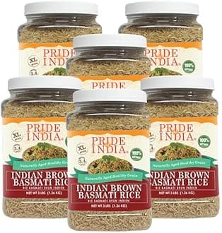 Pride Of India - PACK of 6 - Extra Long Brown Basmati Rice - Naturally Aged Healthy Grain, 3 lbs Jar